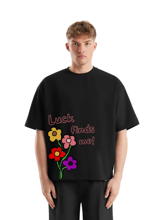 Luck finds me black T-shirt